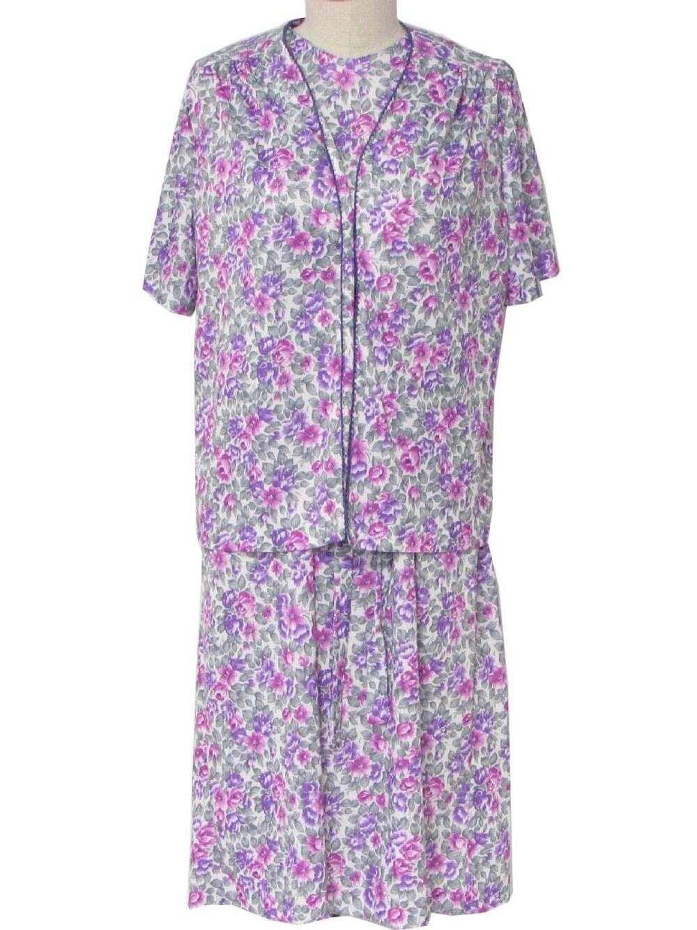 70s CB Purple Floral Tricot Dress Jacket Set Belted Size Women's Large